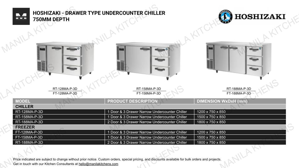 Hoshizaki 2 Door & 3 Drawer Narrow Undercounter Chiller (RT-188MA-P-3D)