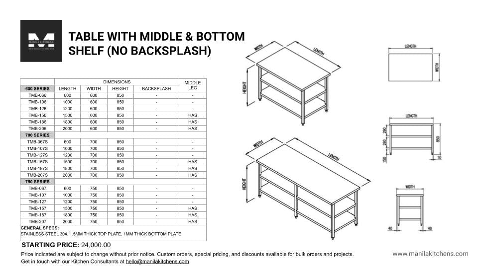 Table with Middle & Bottom Shelf No Backsplash (600 Series)