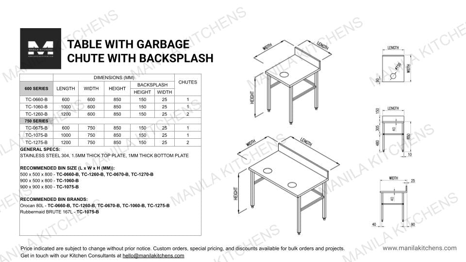 Table with Garbage Chute with Backsplash (600 Series)