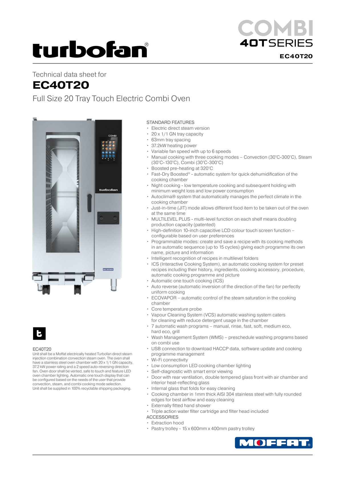 Turbofan EC40T20 Full Size Tray Touch Screen Electric Combi Oven