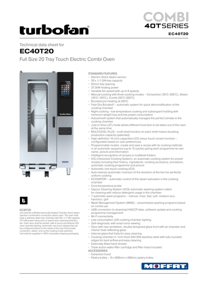 Turbofan EC40T20 Full Size Tray Touch Screen Electric Combi Oven