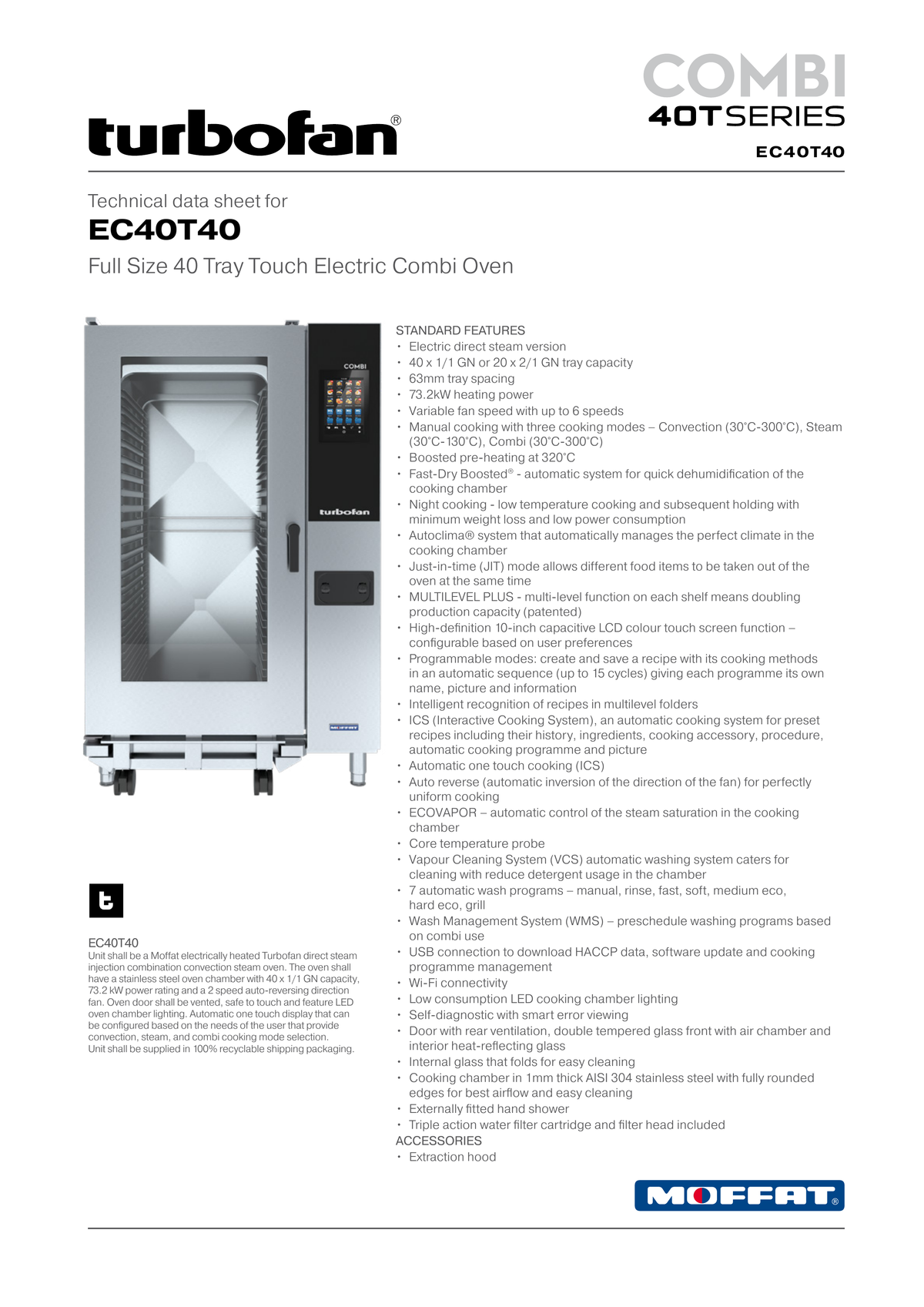 Turbofan EC40T40 Full Size Tray Touch Screen Electric Combi Oven