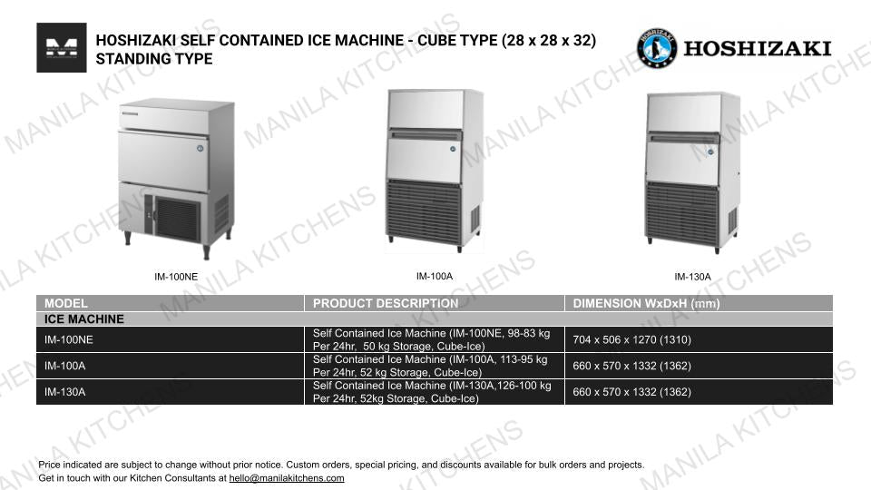 Hoshizaki Self Contained Ice Machine (Self Contained Ice Machine IM-130A ,126-100KG PER 24hr, 52 KG Storage, Cube-ice)