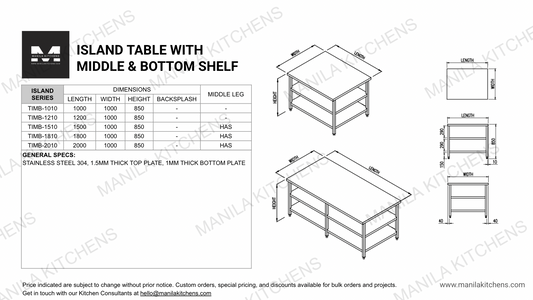 Island Table with Middle & Bottom Shelf (1000 Series)