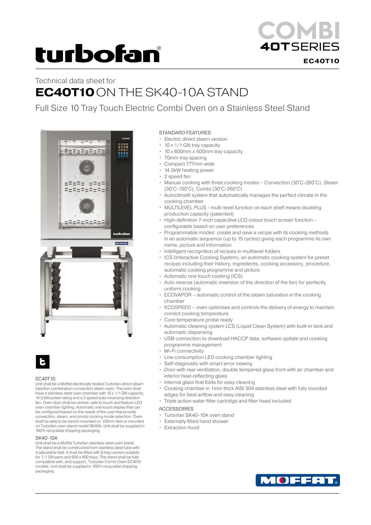 Turbofan EC40T10 Full Size Tray Touch Screen Electric Combi Oven