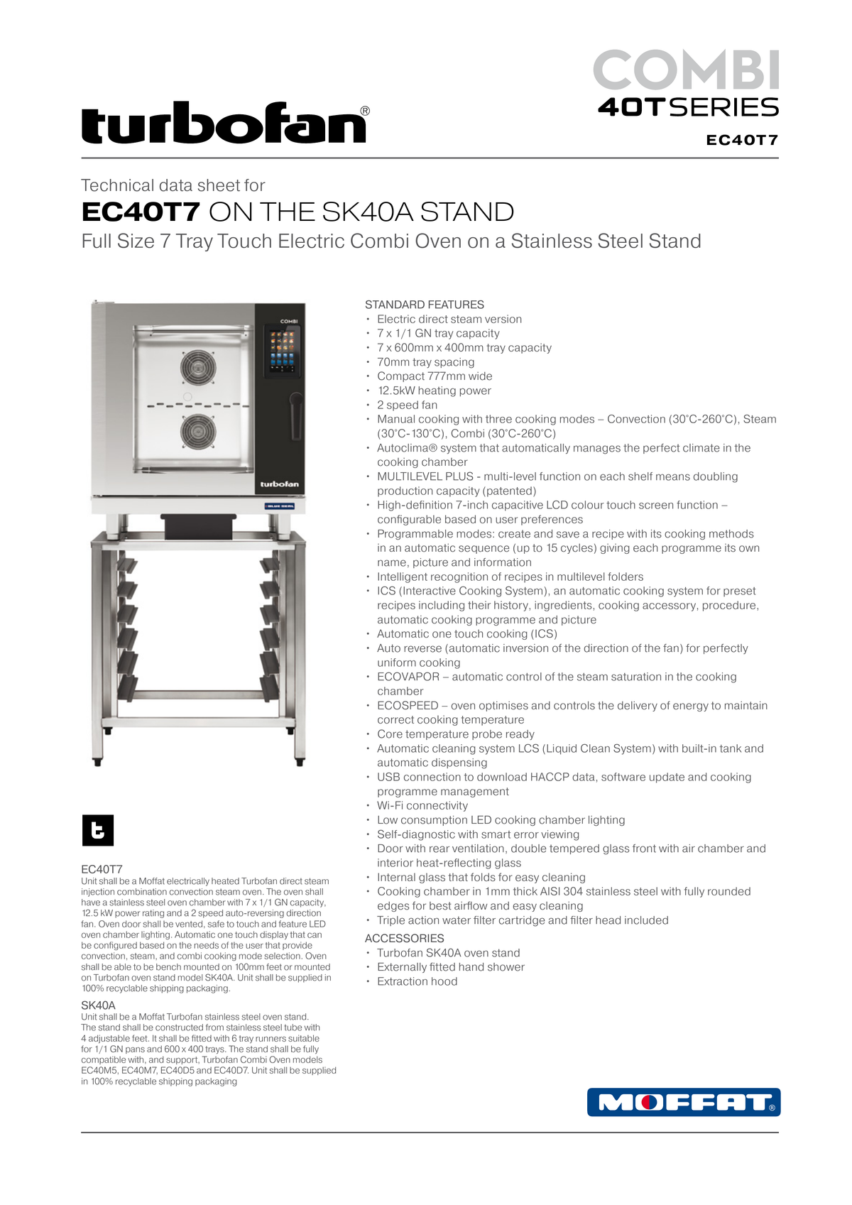 Turbofan EC40T7 Full Size Tray Touch Screen Electric Combi Oven