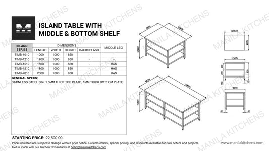 Island Table With Middle & Bottom Shelf (1000 Series)