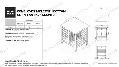 Combi Oven Table With Bottom GN 1/1 Pan Rack Mounts