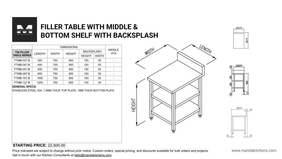 Filler Table with Middle & Bottom Shelf with Backsplash