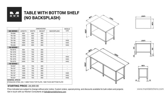 Table With Bottom Shelf No Backsplash (700 Series)