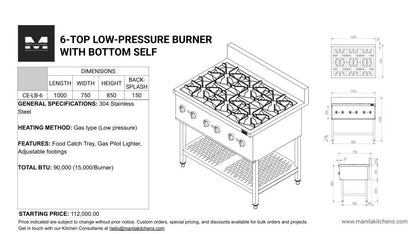 6-Top Low-pressure Burner with Bottom Shelf